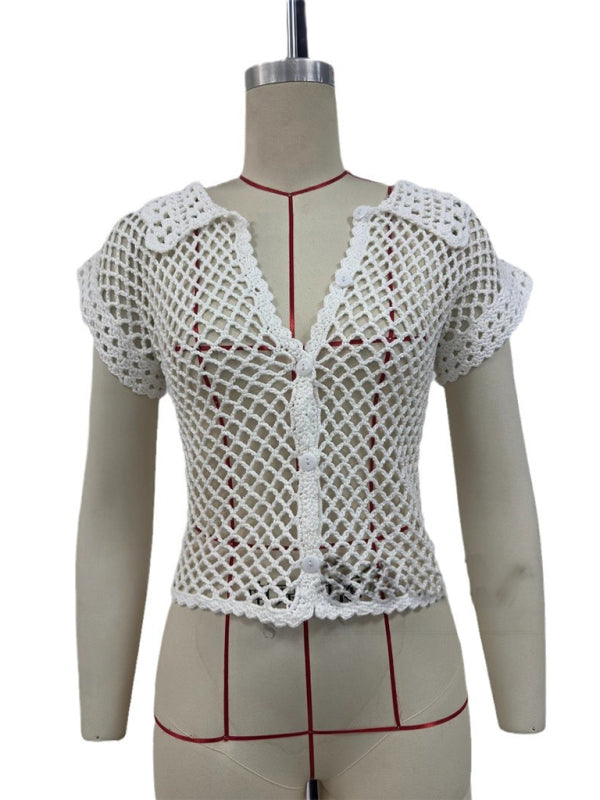 New style cardigan short sleeve loose lapel fashionable solid color hollow women’s knitted sweater