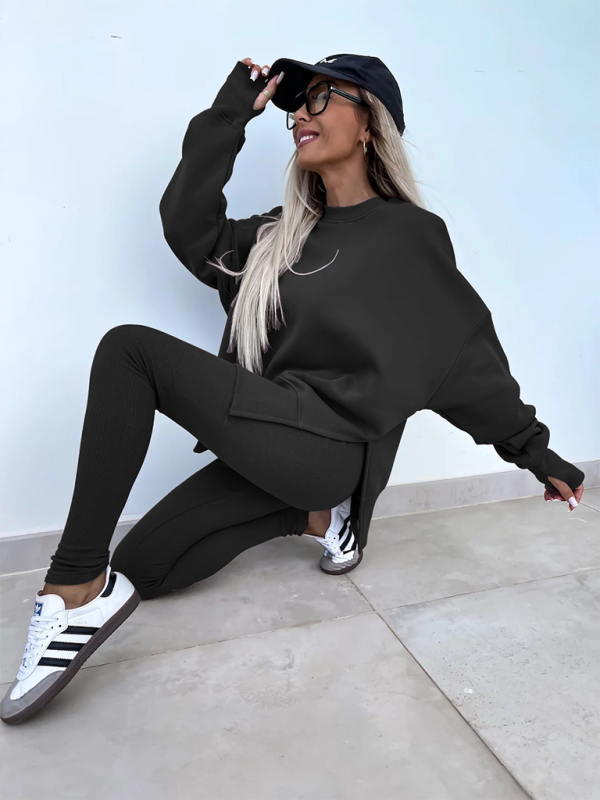 New style casual tight pants loose sweater suit two piece set - Black / S