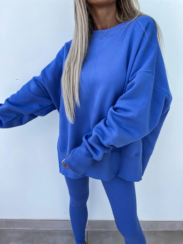 New style casual tight pants loose sweater suit two piece set - Blue / S