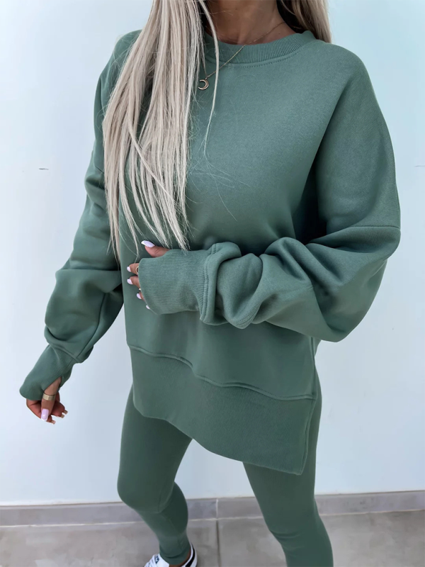 New style casual tight pants loose sweater suit two piece set - Green / S