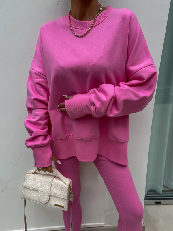New style casual tight pants loose sweater suit two piece set - Pink / S