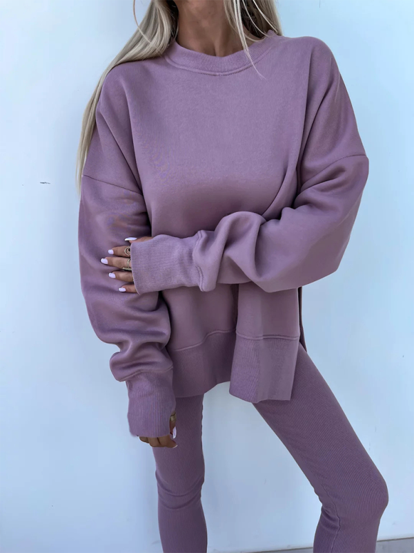 New style casual tight pants loose sweater suit two piece set - Purple / S