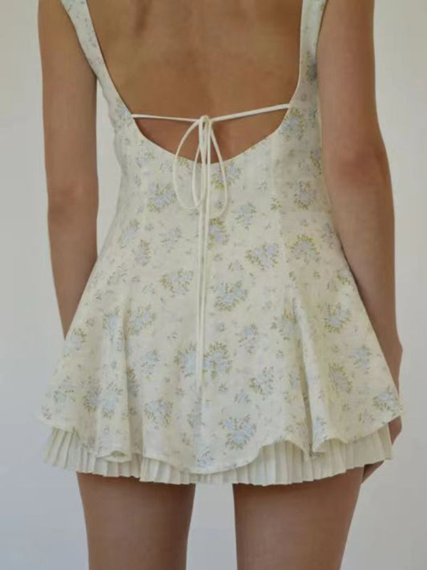 New style comfortable casual and sexy small floral hem pleated suspender dress