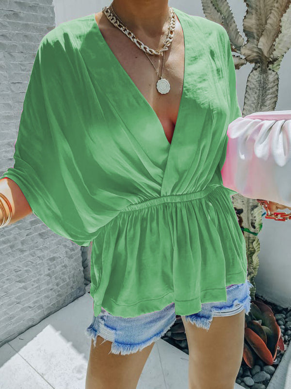 New style cotton V-neck elastic waist casual fashion short-sleeved shirt - Green / S