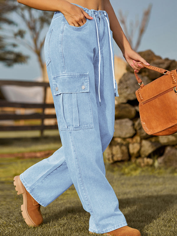 New style denim drawstring adjustable washable overalls trousers casual trousers