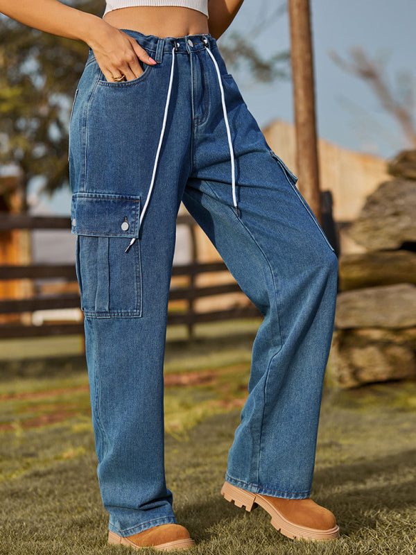 New style denim drawstring adjustable washable overalls trousers casual trousers