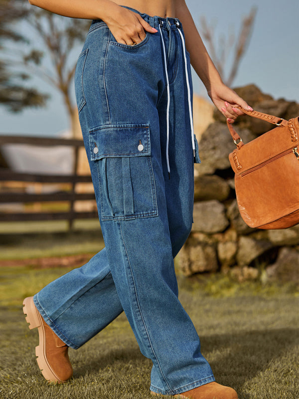 New style denim drawstring adjustable washable overalls trousers casual trousers