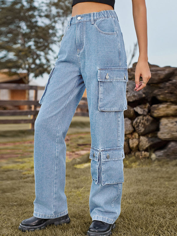 New style denim washed multi-pocket overalls trousers casual trousers