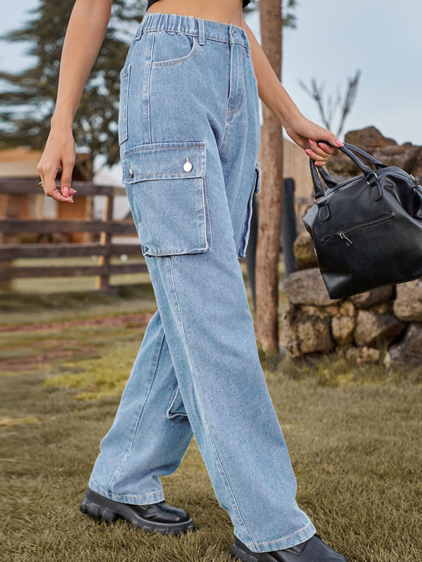 New style denim washed multi-pocket overalls trousers casual trousers