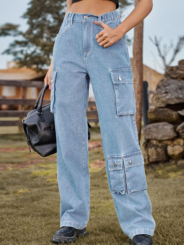 New style denim washed multi-pocket overalls trousers casual trousers - Clear blue / S