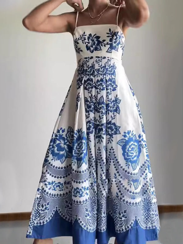 White dress with blue floral pattern from New Style Ethnic Symmetrical Printed Dress with Suspenders