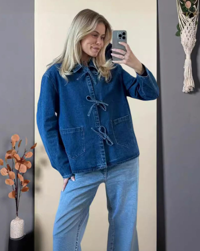 New style fashionable and casual lace-up denim long pocket stand-collar top - Blue / S