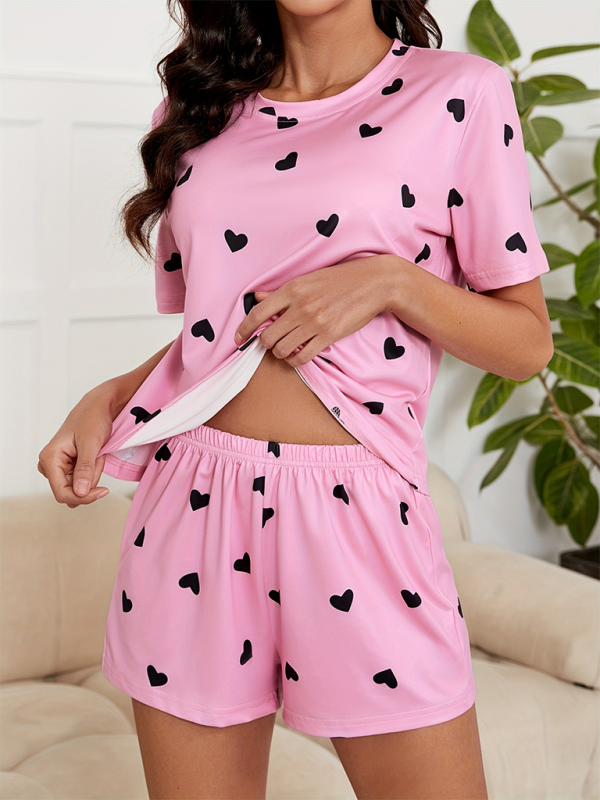 New style heart print knitted fashionable soft short sleeve shorts pajamas set - Pink / S