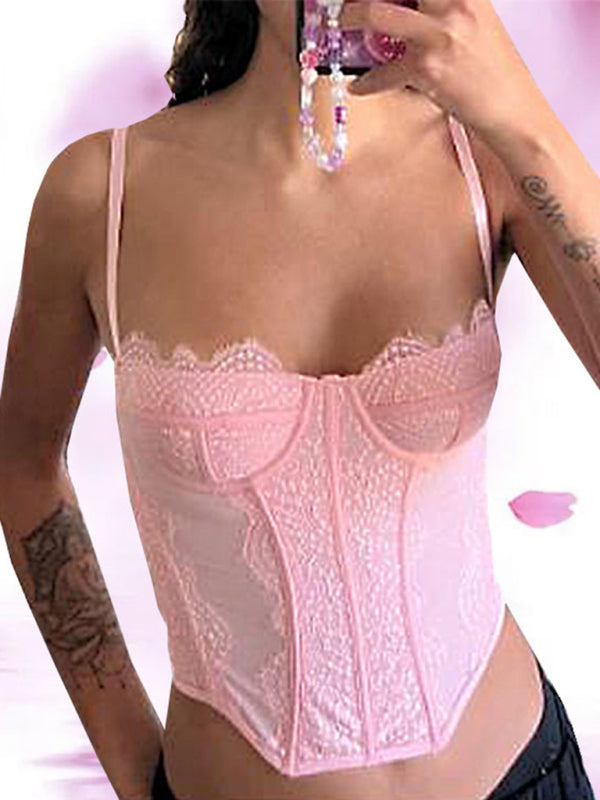 New style lace embroidered fishbone sexy tube top suspender hollow backless outer bra - Pink / S
