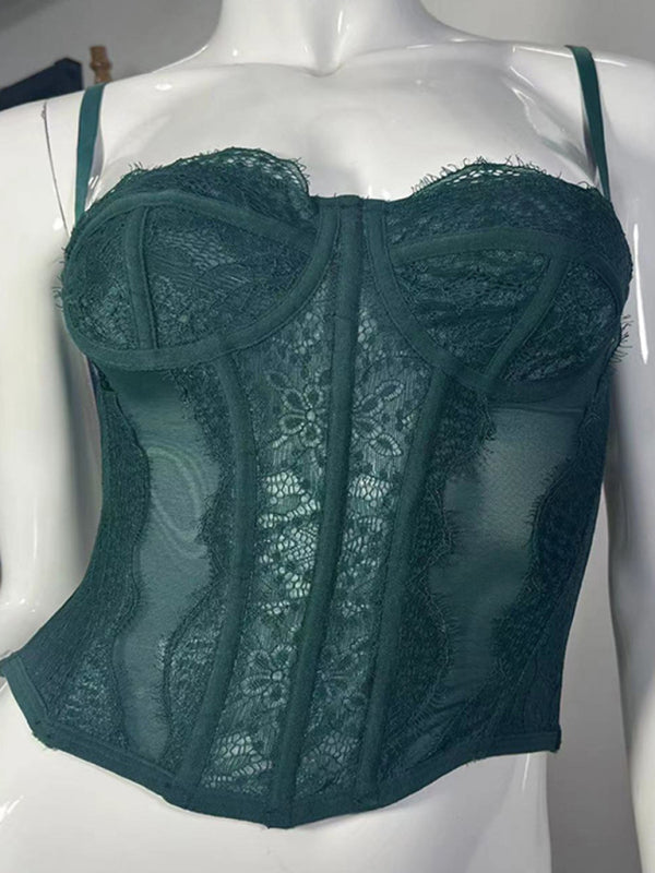 New style lace embroidered fishbone sexy tube top suspender hollow backless outer bra - Green / S