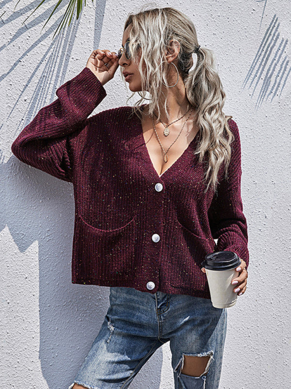 New style lazy style knitted forest style solid color dot long-sleeved sweater jacket - Wine Red / S
