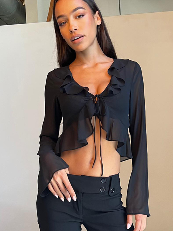 New style ruffled lace-up deep V-neck long-sleeved transparent top - Black / S