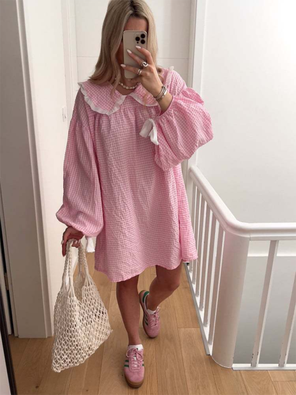 New style shirt doll collar long sleeve versatile lantern sleeve dress - Pink / S