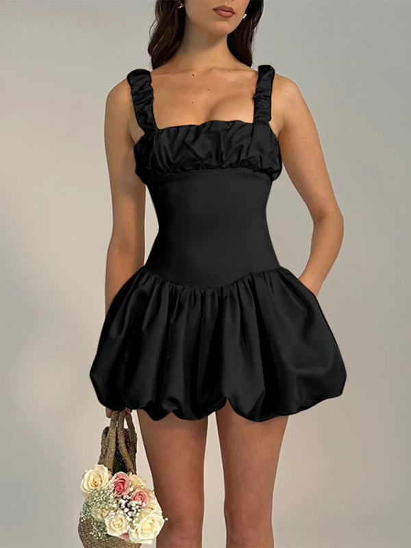 New style suspender fashion gathered puffy dress - Black / S