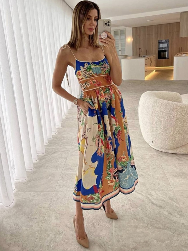 New style suspender print pocket casual loose holiday dress - Blue / S