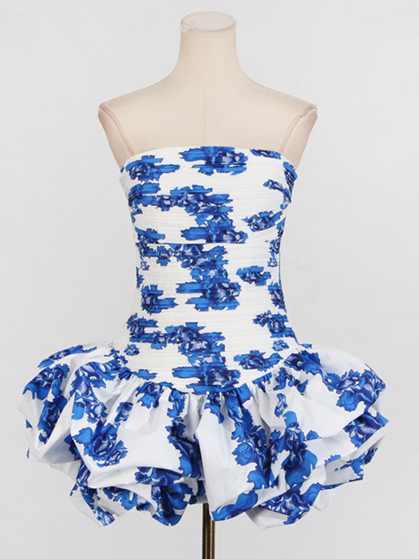 New style tube top high waist pleated design tutu dress - Clear blue / S