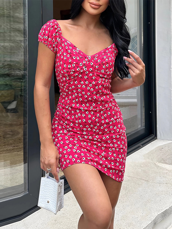 New style versatile slim fit short V-neck floral dress - Rose / S
