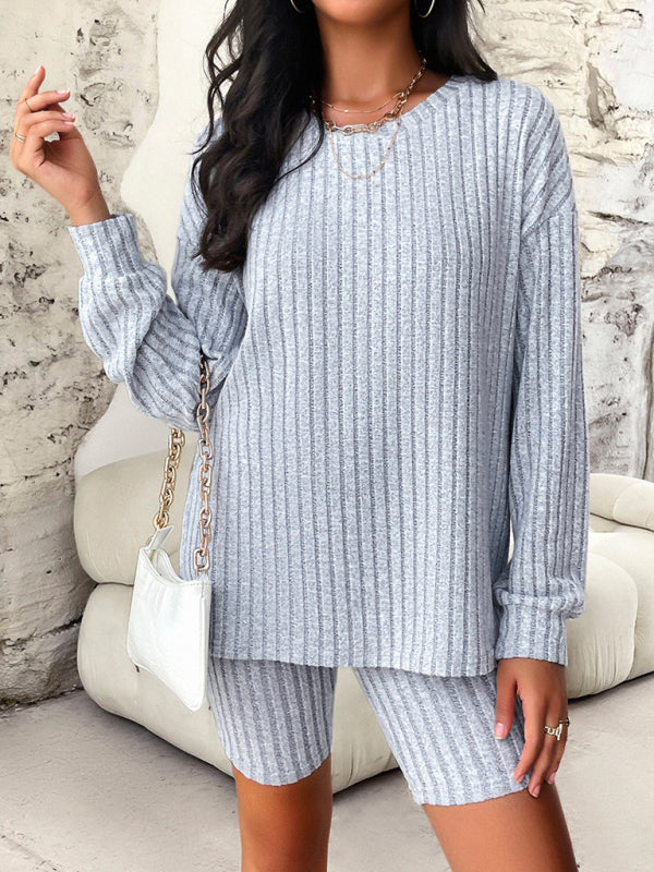 New style women’s casual long-sleeved top and three-quarter pants suit - Grey / S