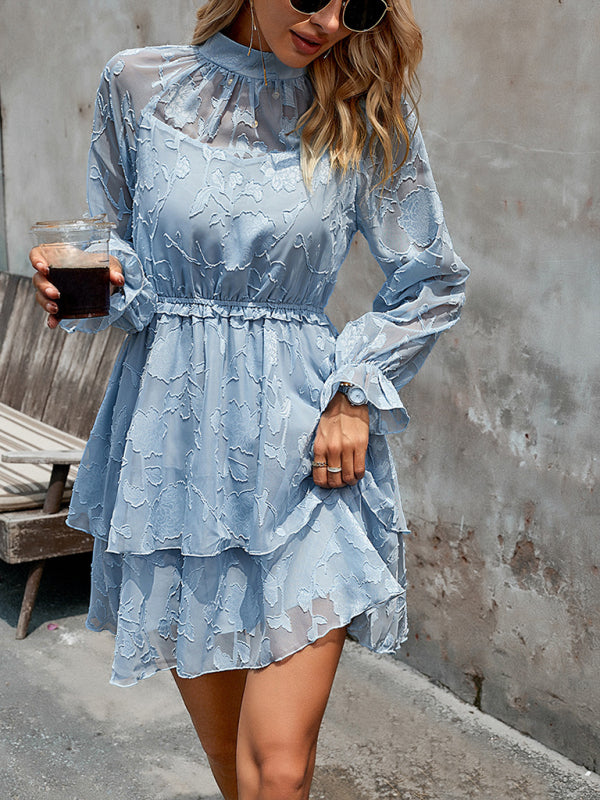 New style women’s elegant jacquard round neck long-sleeved skirt