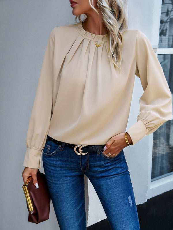 New style women’s elegant lace collar long-sleeved solid color top