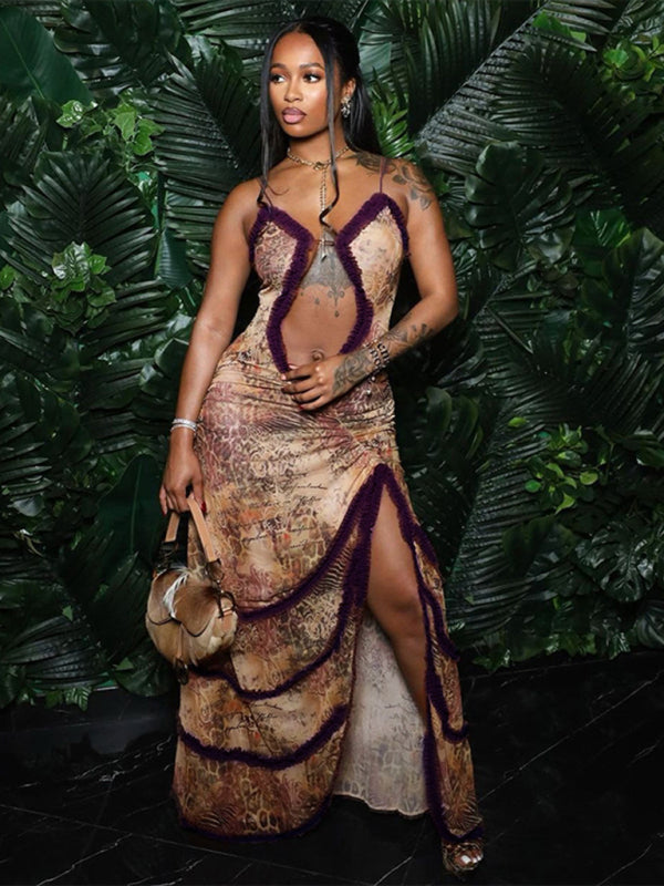 New suspender hollow pleated lace slit dress - Pattern / S