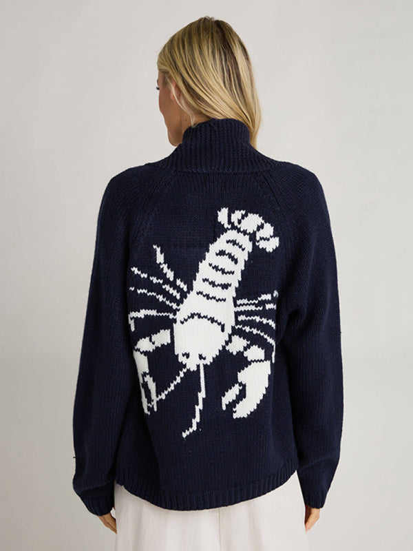 New Sweater Single-Breasted Long-Sleeved Lobster Print Knit Cardigan - Champlain color / S