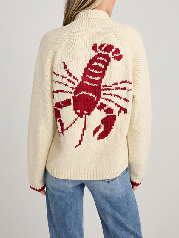 New Sweater Single-Breasted Long-Sleeved Lobster Print Knit Cardigan - Red / S