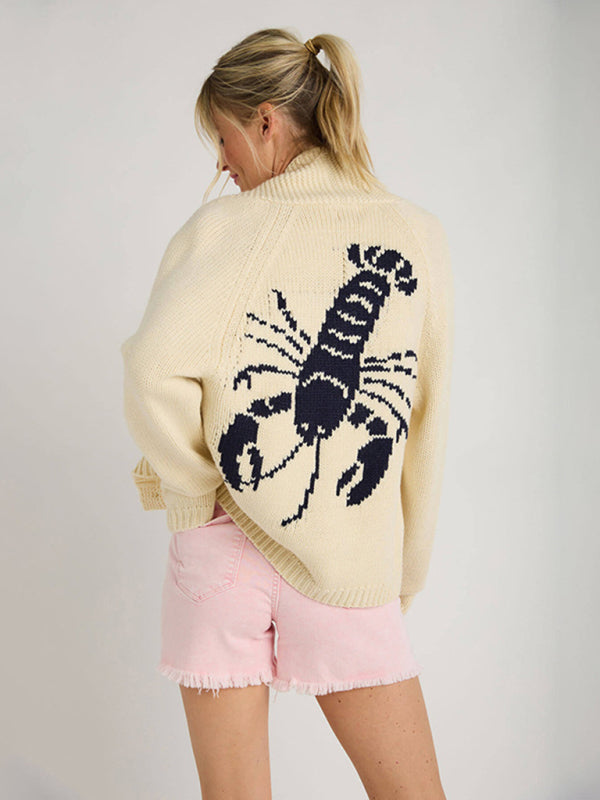 New Sweater Single-Breasted Long-Sleeved Lobster Print Knit Cardigan - Cracker khaki / S