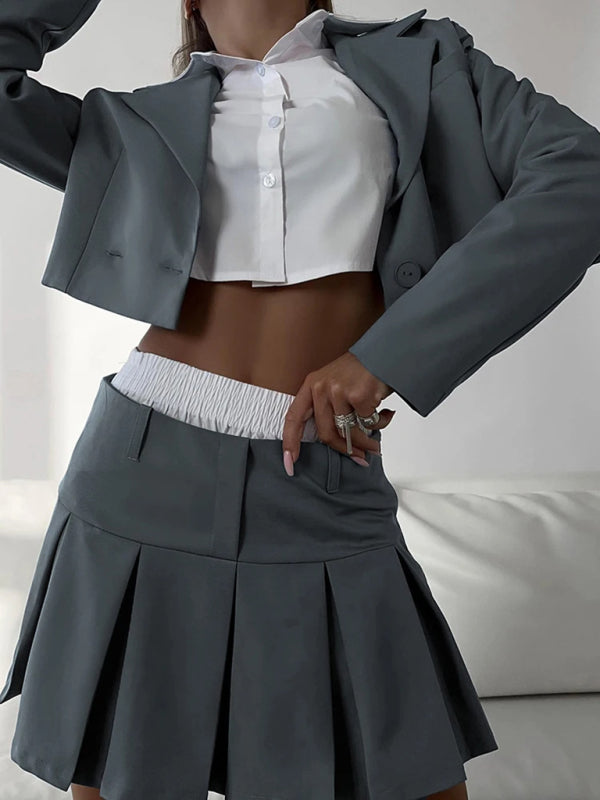 New sweet and sexy long-sleeved suit + half-length A-line skirt suit (white leggings not included) - Grey / S