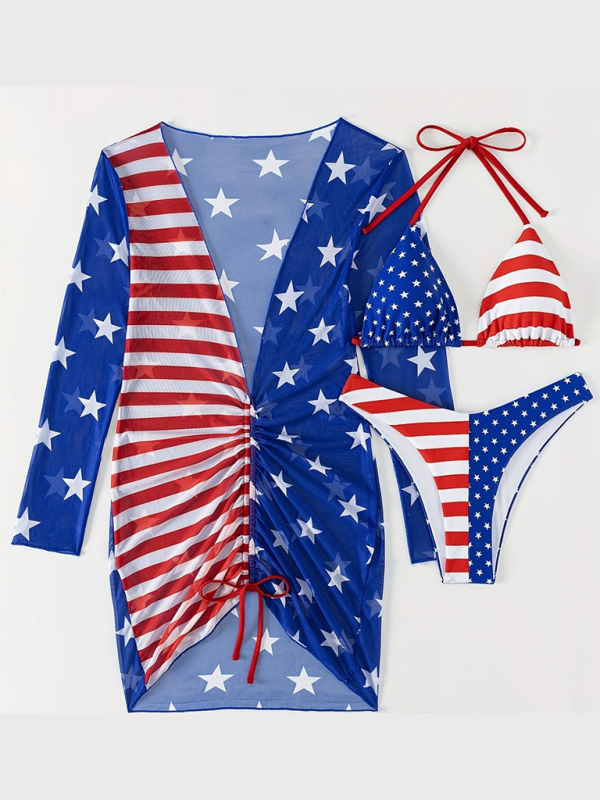 New Swimsuit Sleeveless Halter Loose Independence Day Flag Printed Yarn Three-piece Set - Blue / S