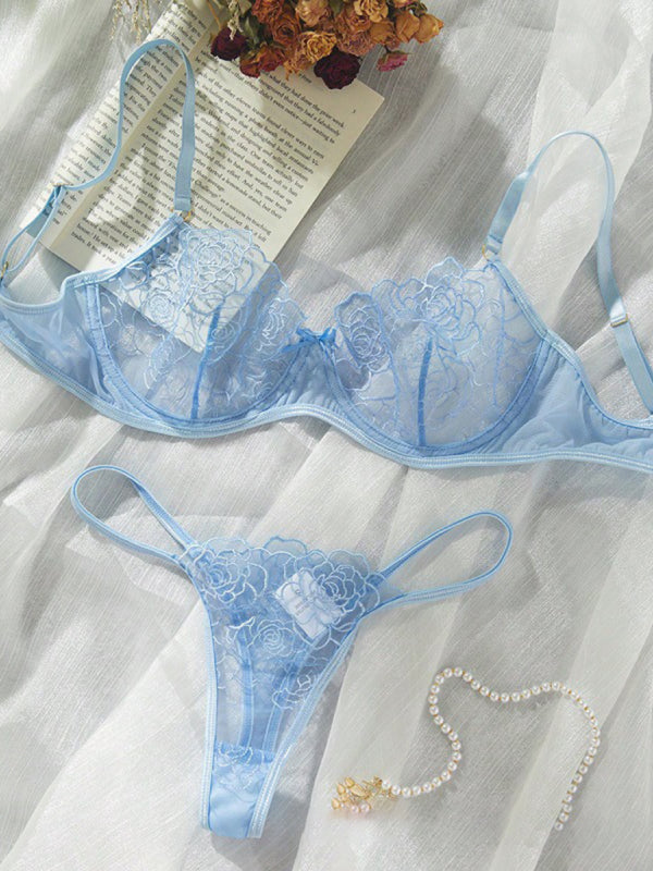 New temptation three-point thin hollow bra sexy underwear set - Clear blue / S