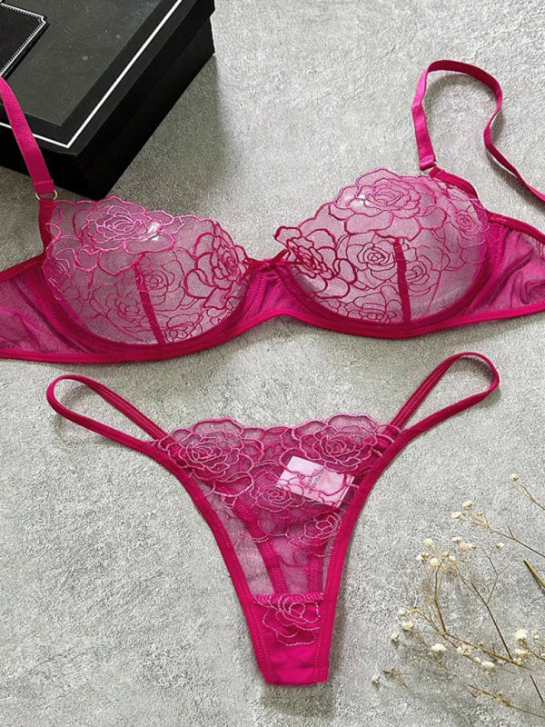 New temptation three-point thin hollow bra sexy underwear set - Rose / S