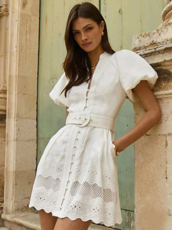New V-neck puff sleeves single-breasted waistband short dress - White / S