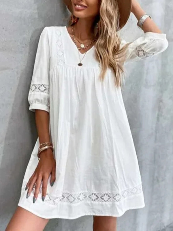 New V-neck simple cotton mid-sleeve casual vacation dress - White / S