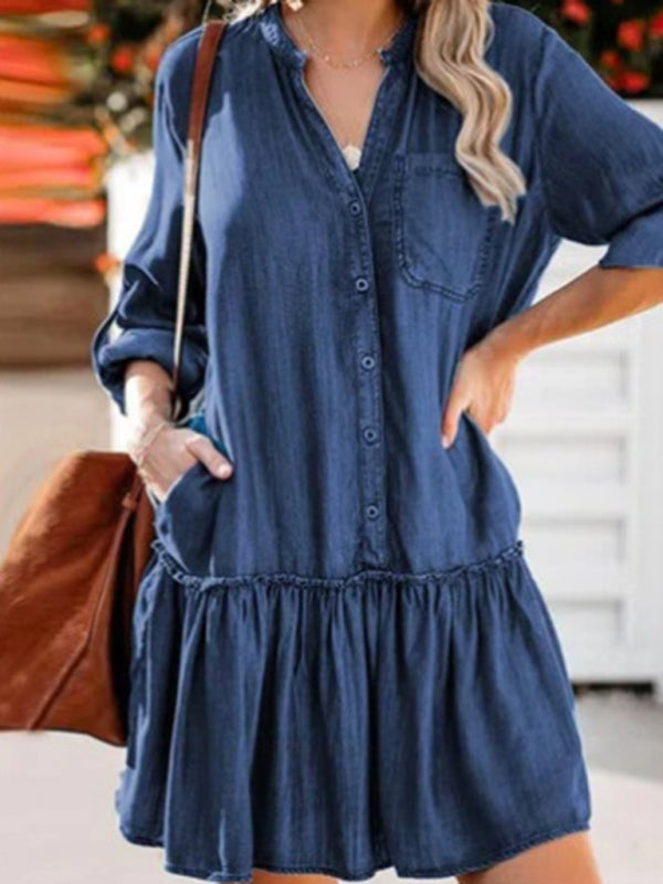 New V-neck stitching loose-breasted denim midi skirt - Blue / S