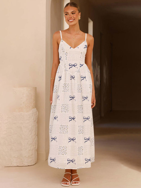 White sundress with bow pattern from New V-neck waist holiday backless bow print dress