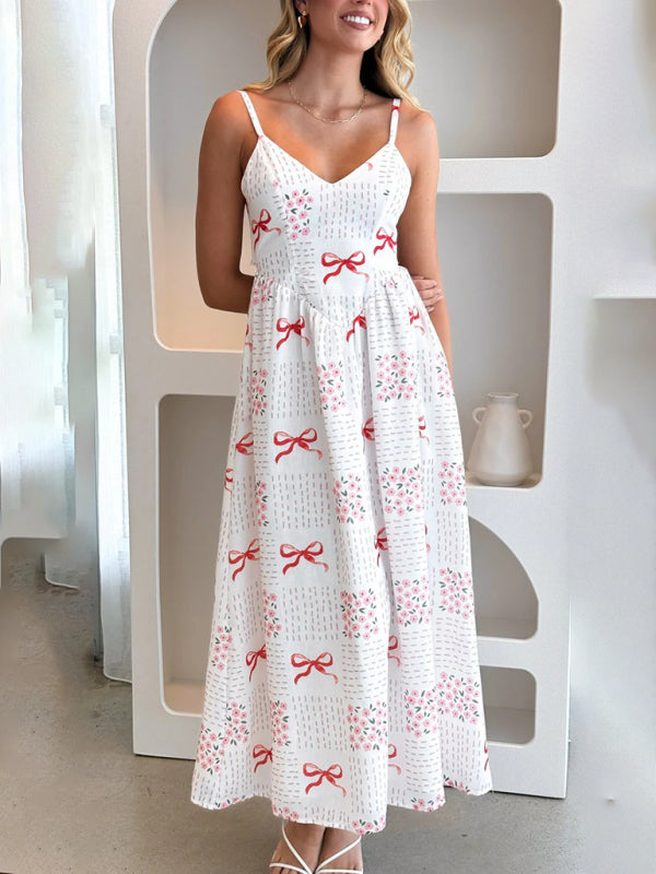 White sundress with red bows, V-neck waist holiday backless bow print dress