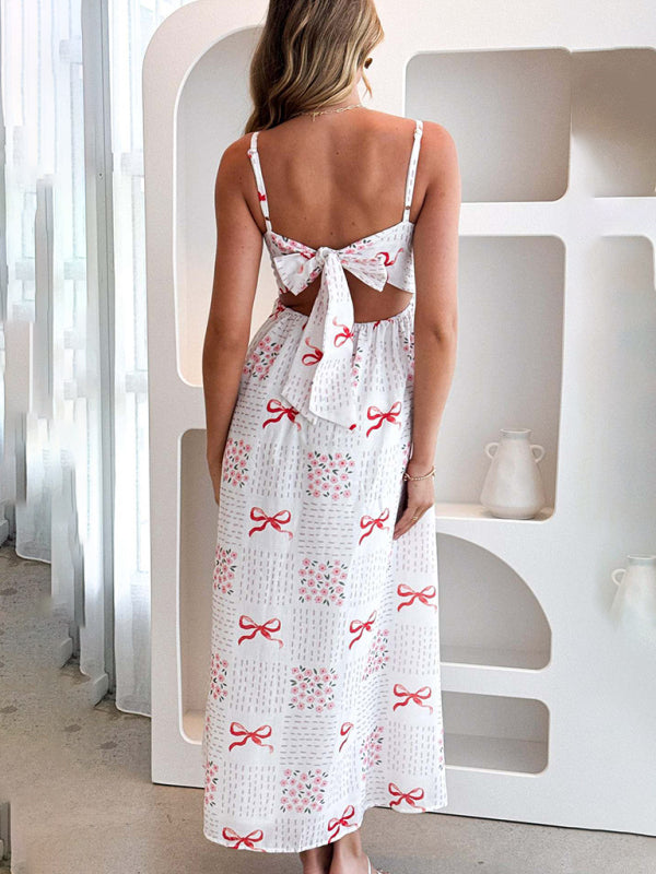 White V-neck backless dress with red bows and floral square pattern for holiday wear