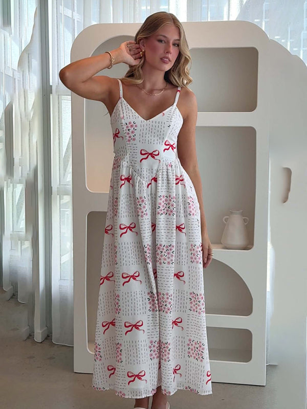 White maxi dress with red bow pattern from New V-neck waist holiday backless bow print dress