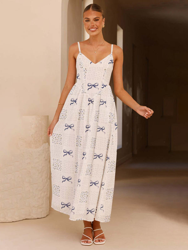White midi dress with bow pattern, V-neck waist, backless design for holiday wear