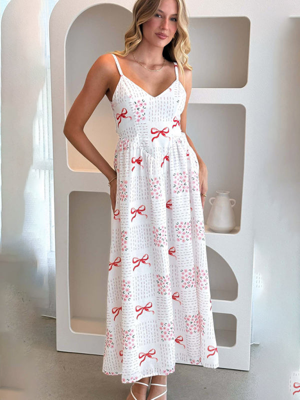 White sundress with red bows, V-neck waist backless design, perfect for holidays