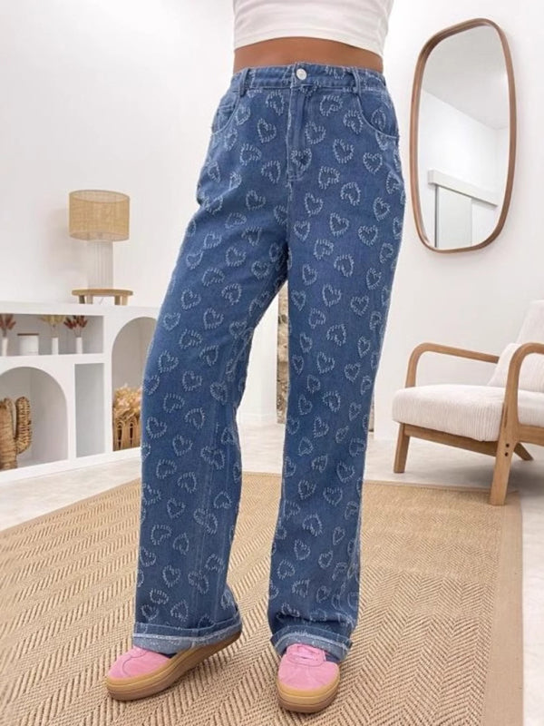 New Valentine’s Day Love Crochet Jeans Casual Washed Straight Trousers - Blue / S