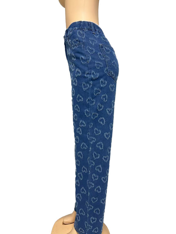 New Valentine’s Day Love Crochet Jeans Casual Washed Straight Trousers