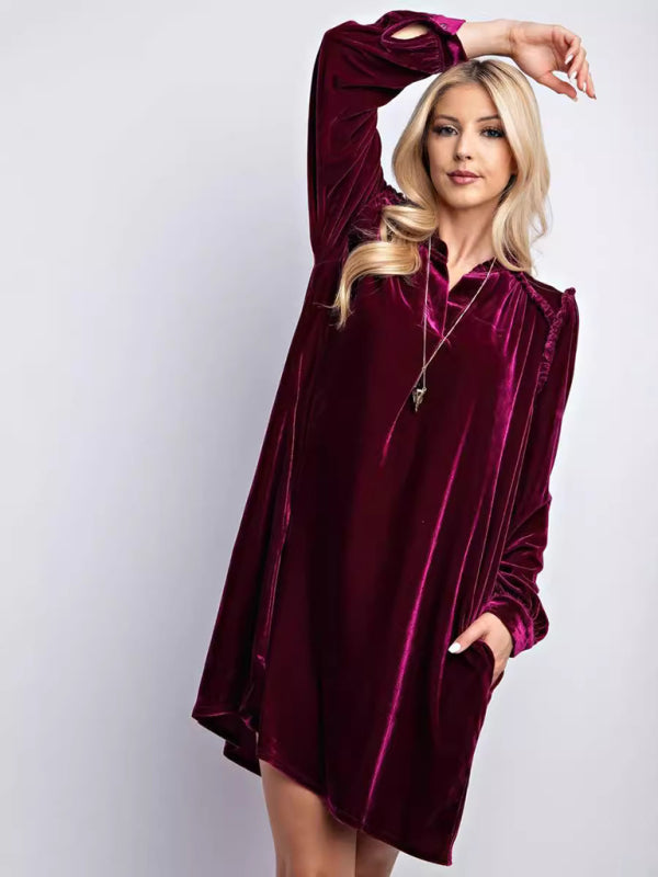 New velvet simple solid color loose straight dress - Wine Red / S