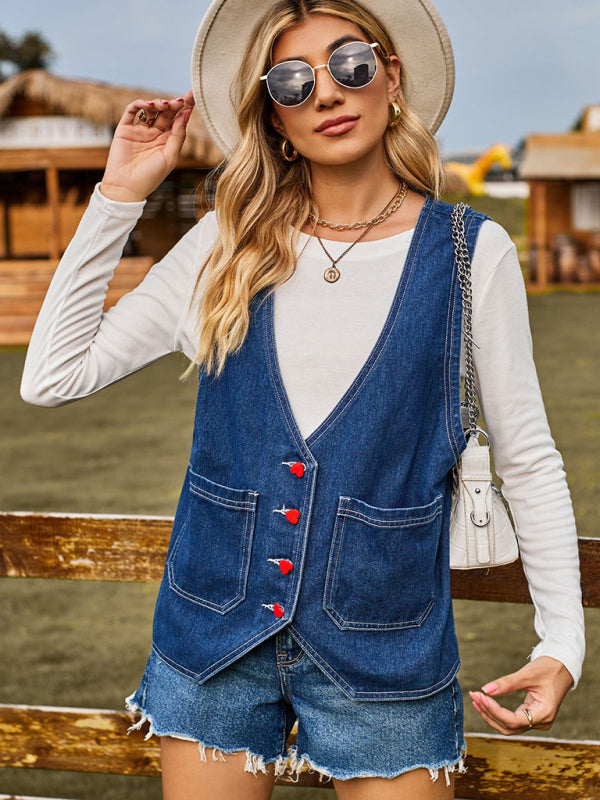 New vest fashion heart button trend denim sleeveless vest - Blue / S